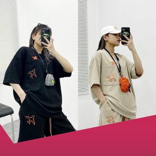 ☑☸♦Sét Bộ Đùi Unisex In Hình Máy Bay Túi Ngực, Thun Cotton Form Rộng 2 màu Be Đen