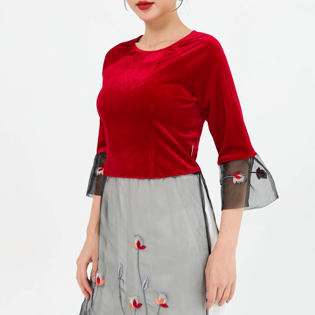 Áo dài phối voan kính LAMER L61A18Q026 (Đỏ)