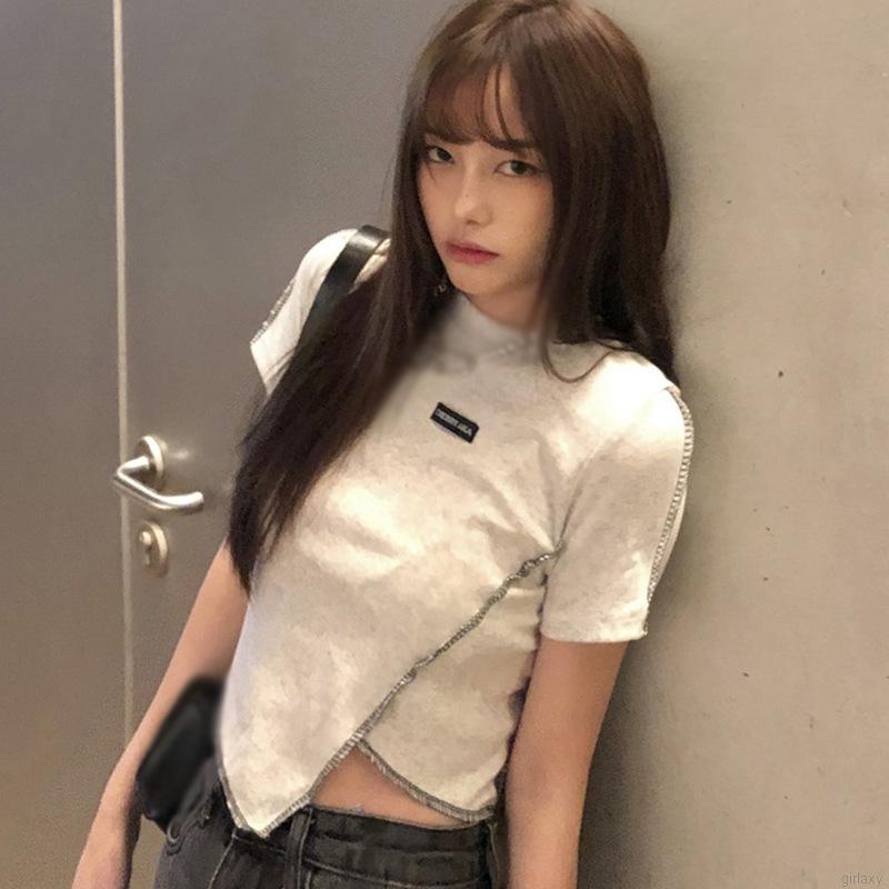 Áo Thun Crop Top Tay Ngắn Cổ Tròn Lệch Tà Kiểu Hàn Quốc Thời Trang Mùa Hè Cho Nữ