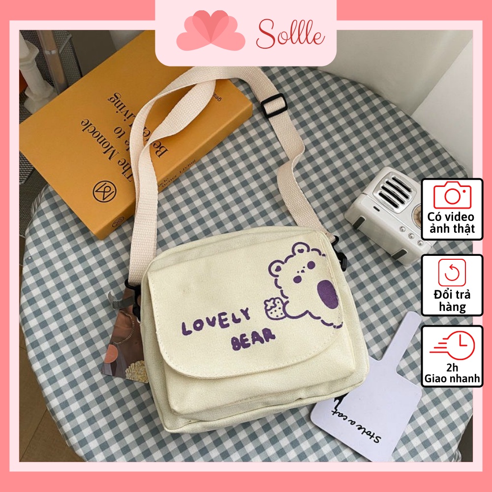 Túi canvas đeo chéo vai nữ đi học nhiều ngăn in hình Gấu đáng yêu đen trắng Sollle