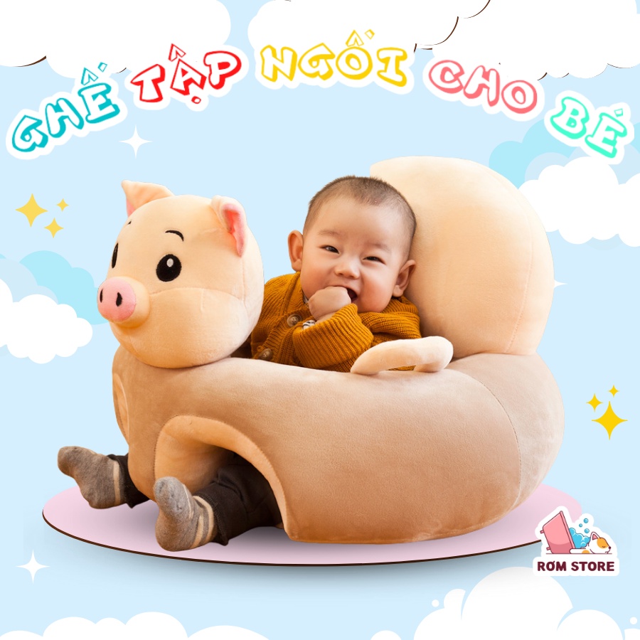 Ghế bông tập ngồi, ăn dặm cho bé trên 3 tháng tuổi, hình thú mẫu heo kem dễ thương nhồi bông cao cấp Rơm Store