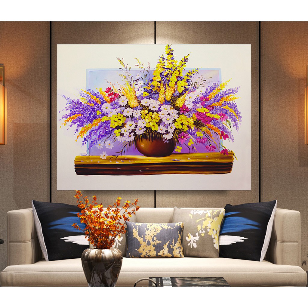 Tranh canvas treo tường tĩnh vật bình hoa ngọc lan, huệ tây sang trọng nhiều mẫu LIN - 65 x 50 cm