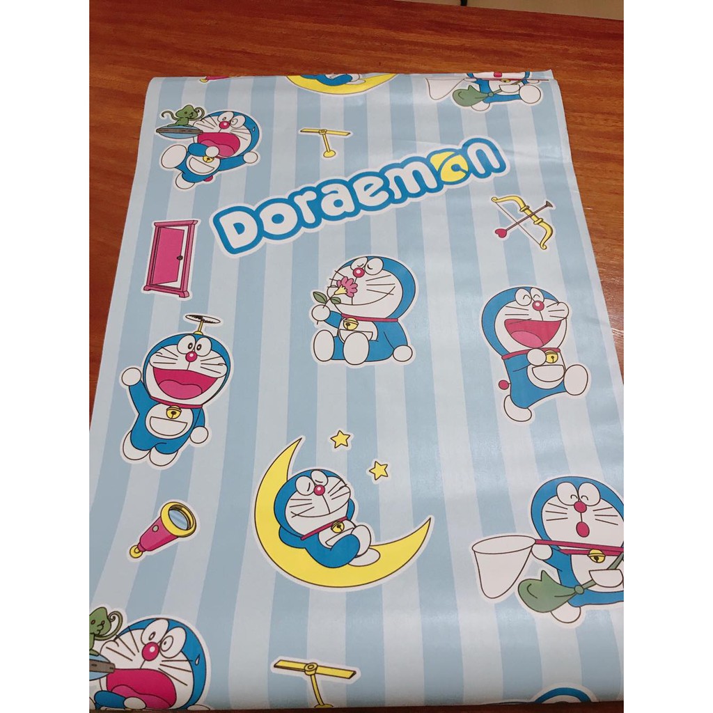 [FREE SHIP] Cuộn 10m Giấy dán tường Đô rê mon kẻ sọc - 10m Decal dán tường DORAEMON kẻ sọc có keo sẵn