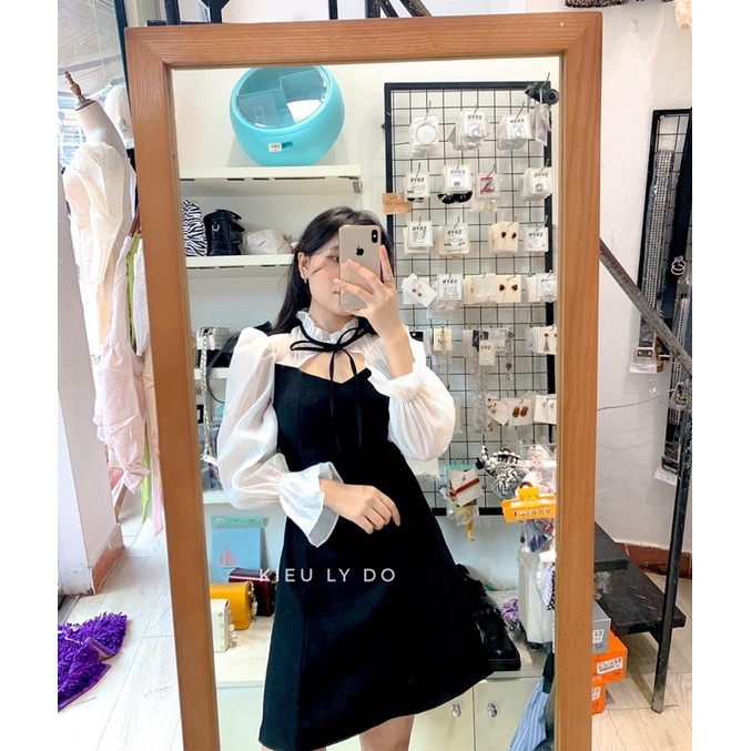 Đầm nhung tăm phối tay dài lụa trắng Váy nhung tăm xinh xắn dài tay . Váy trắng thiết kế, Váy trắng hở vai tay bồng | BigBuy360 - bigbuy360.vn