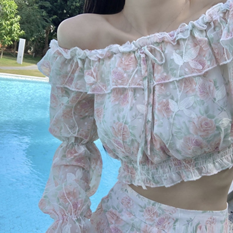Bộ Áo Ren Hoa Trễ Vai + Chân Váy Ôm Dáng Thời Trang Xuân Hè Hàng Mới 2022