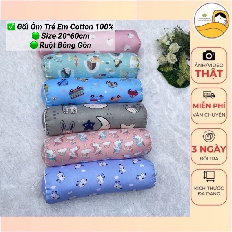 Gối Ôm Cho Bé Cotton 100% Vỏ Gối Ôm Cho Bé Size 20*60cm Ruột Gối Bông Gòn Trắng ( có khóa kéo)