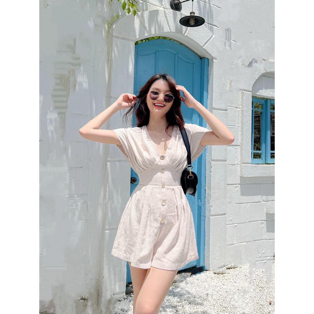 Jumsuit kẻ dọc nhún ngực dáng ngắn 2 lớp A3020 Aholic