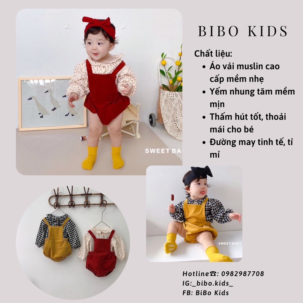 Quần yếm cho bé gái kèm áo yếm dài tay chất liệu nhung mịn màu đỏ vàng cho bé 4-13kg
