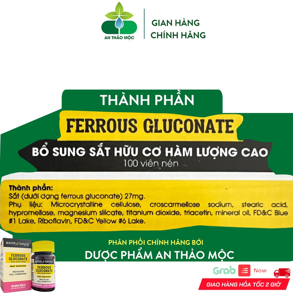 Viên Uống Bổ Máu Tăng Tế Bào Hồng Cầu Mason Natural Ferrouse Gluconate 100 Viên