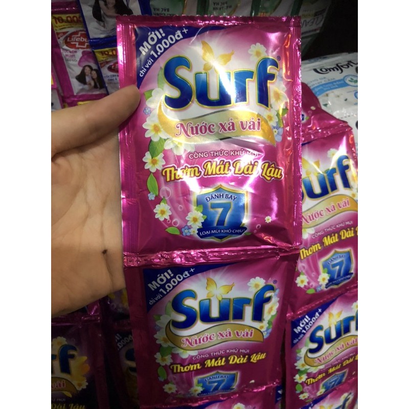 Nước Xả Vải SURF dây 10 gói x 27ml Khử Mùi Hương Hoa Lan Tỏa (Hồng) và Hương Hoa Lôi Cuốn (Tím)