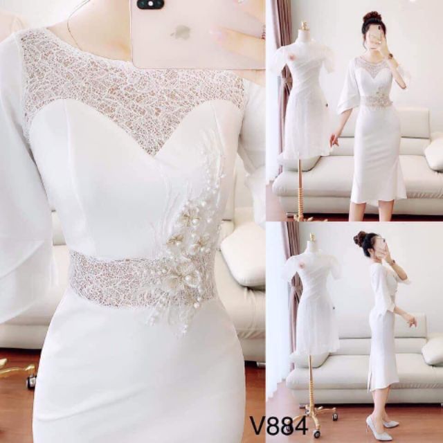 Đầm body phối ren tay lở