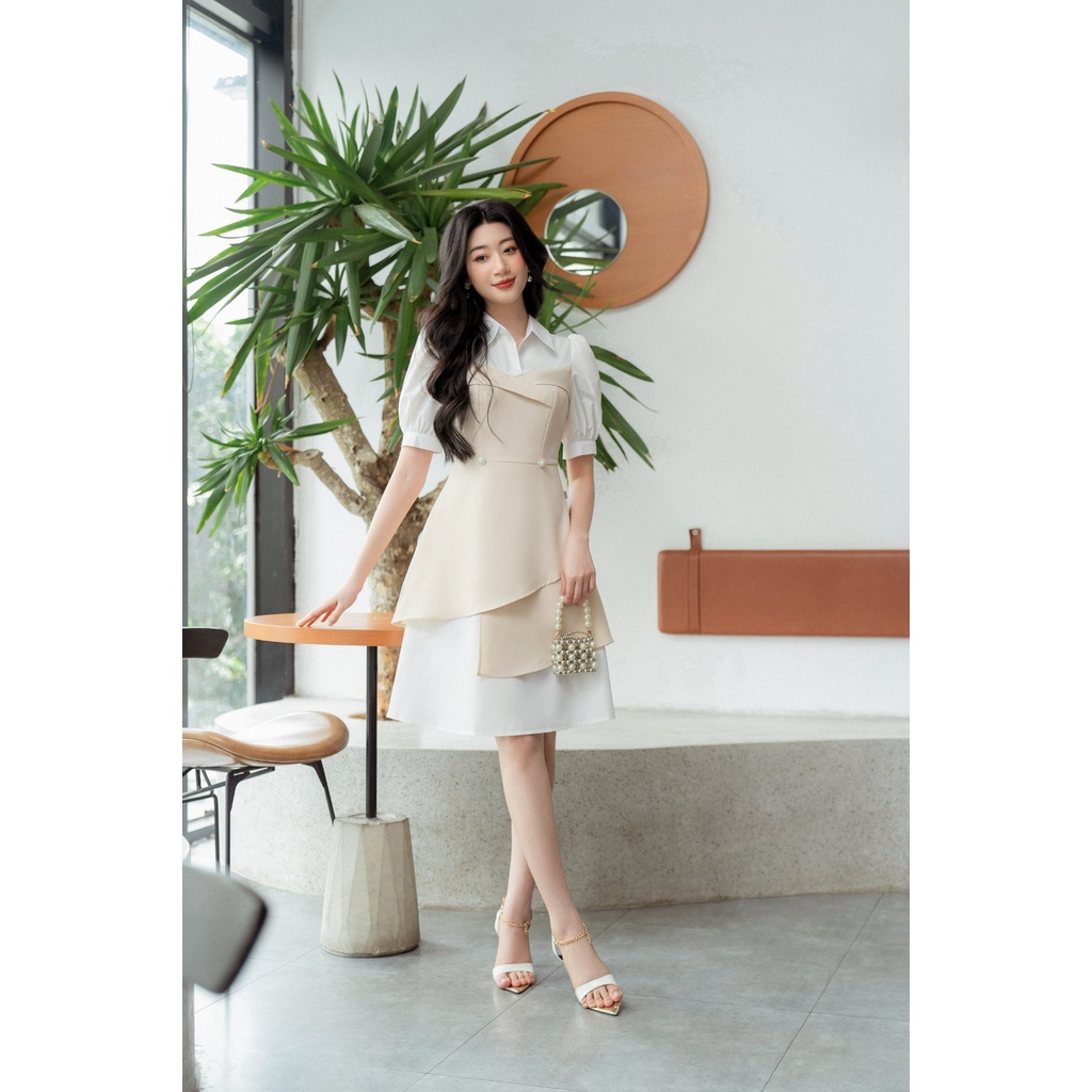 Váy công sở ngắn tay vai bồng 2 vạt chéo  TIINSTORE  VHN476