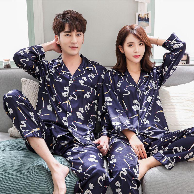 Summer Couple Silk Ice Silk Camera Pajamas Print Long Sleeve Casual Korean Loose Home Pajamas Set