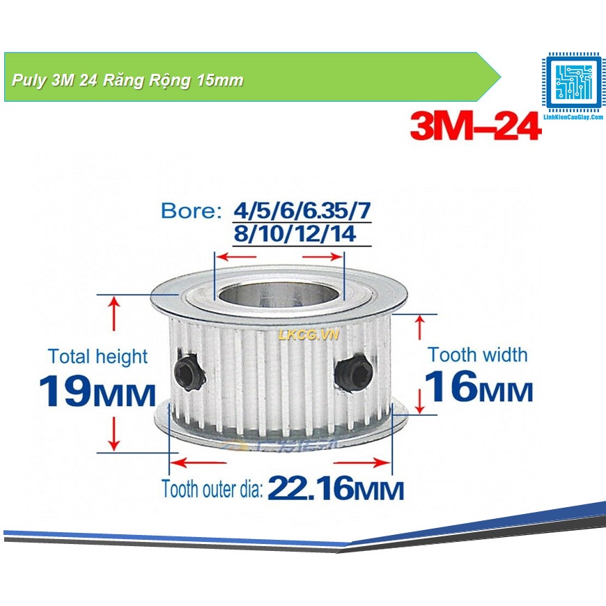 Puly 3M 24 Răng Rộng 16mm Trục tùy chọn