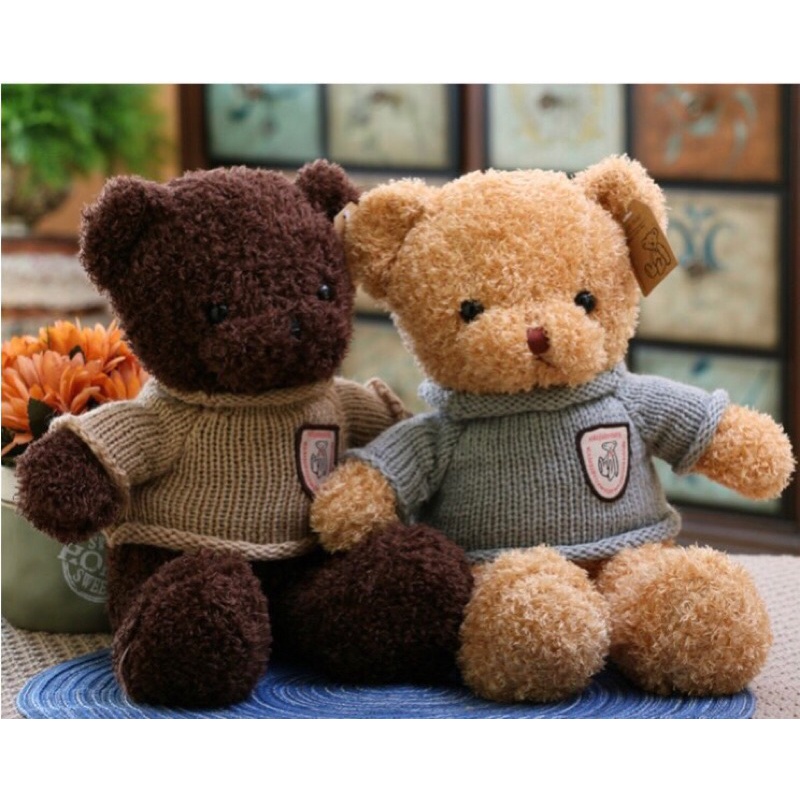 Gấu Bông Teddy Head Tales Thú Nhồi Bông Lông Xù Size Mini 30cm Áo Ghi Xám