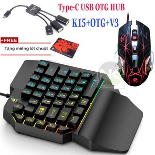 Combo Bộ Bàn Phím Giả Cơ 1 Tay FREE WOLF K15 + Chuột LED Nhiều Màu + Cổng OTG "TYPE-C" ( Tặng Thêm Lót Chuột ) - NK