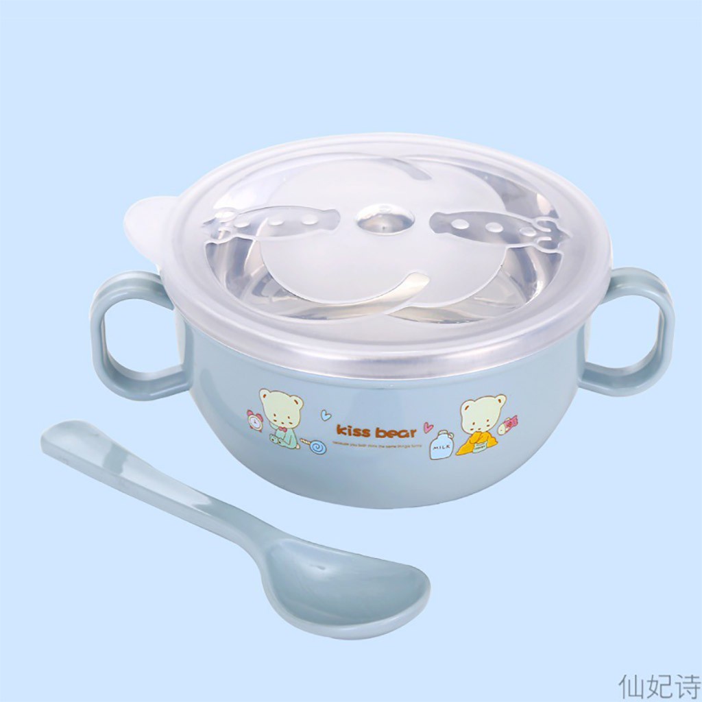 Bát ăn dặm cho bé, Bát Ăn Inox Cách Nhiệt Có Tay Cầm Kèm Muỗng Và Nắp Cho Bé-Khoaibaby
