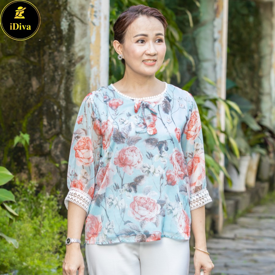Áo Trung Niên Cao Cấp iDiva A17-98 ,chất liệu lụa voan, hoa in ép nhiệt ,phù hợp U50-U70