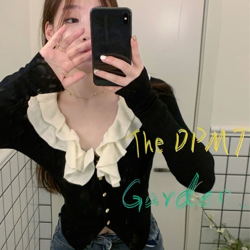 Áo cardigan COZOKC dệt kim tay dài dáng ngắn phối bèo thiết kế ôm sát