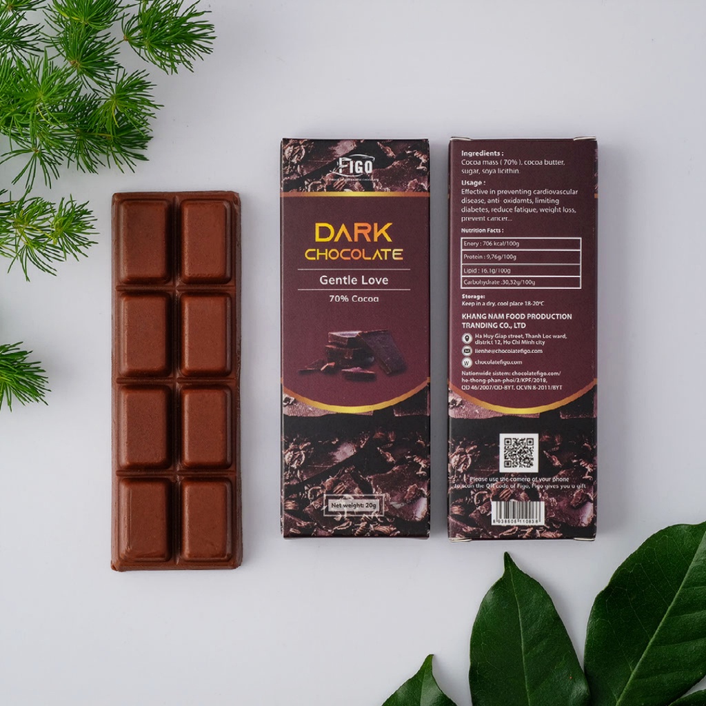 [CHÍNH HÃNG-SẢN PHẨM MỚI] Kẹo socola đen đắng 85% cacao 20g ít đường ăn kiêng FIGO ( KETO,DIET, DAS, LOW CRAB )