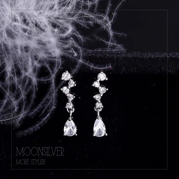 Khuyên tai bạc nữ moonsilver, bông tai bạc zic zac giọt nước đính đá