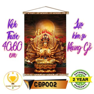 Tranh lụa kim sa Phật Chuẩn đề khung gỗ 40x60cm