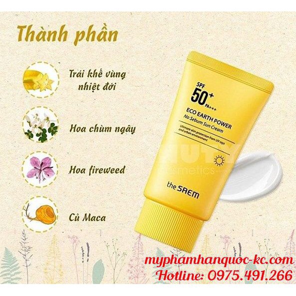 Kem Chống Nắng The Saem Eco Earth Power Sun Cream Bảo Vệ, Kiềm Dầu, Dưỡng Da Se Mịn Lỗ Chân Lông SPF50/PA+++