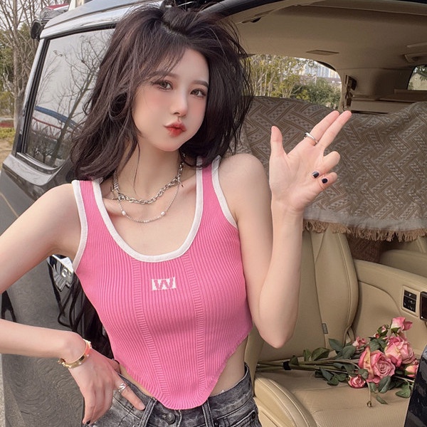 Jiashucheng Áo Dệt Kim Không Tay Màu Hồng Thiết Kế Không Đều Quyến Rũ Cho Nữ