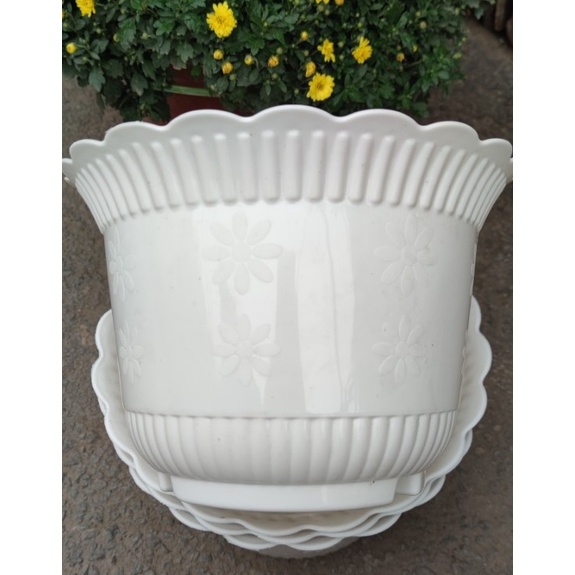 Combo 4 chậu nhựa hoa trắng 28x21 (cm) nhựa cứng hoa văn