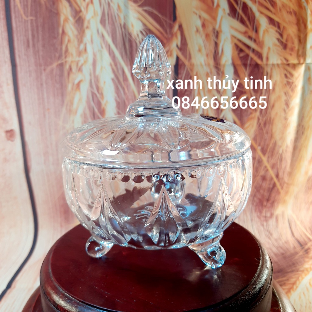 Hũ đựng mứt tết, bánh kẹo bằng thủy tinh hình cánh sen 3 chân