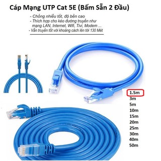 Cáp Mạng UTP Cat 5E Dây Xanh  Bấm Sẵn 2 Đầu Cable Lan UTP Cat 5E -1.5m