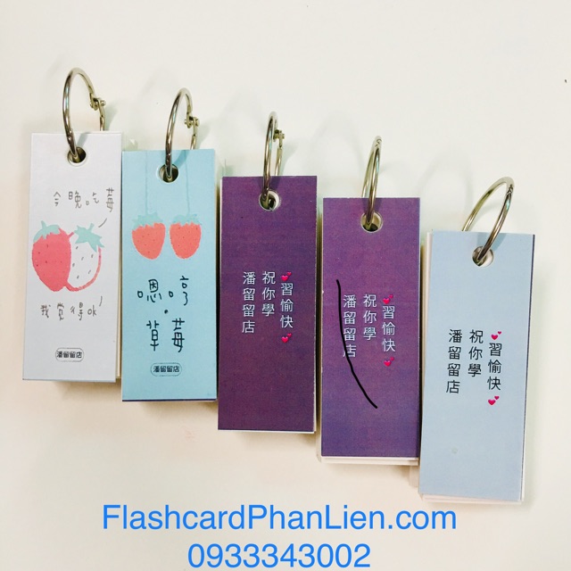 Combo flashcard 3x8cm góc vuông kèm khoen bìa in - Flashcard trắng Phan Liên