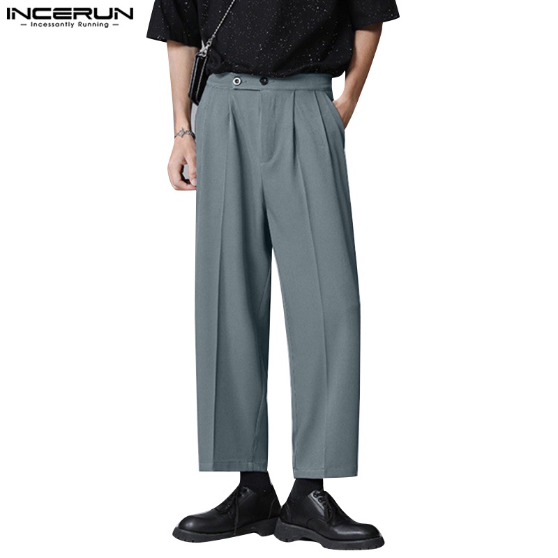 Quần baggy INCERUN lưng cao ống rộng màu trơn đơn giản cho nam size S-5XL