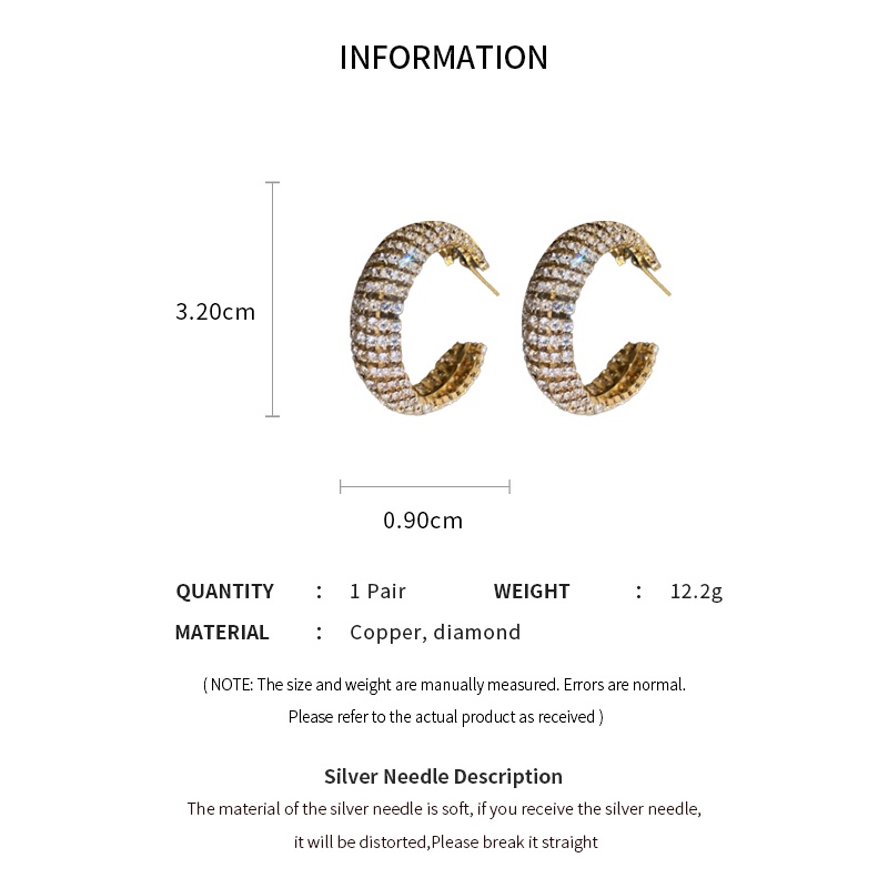 DREJEW Khuyên tai hình chữ C màu bạc đính kim cương phong cách Âu Mỹ thời trang