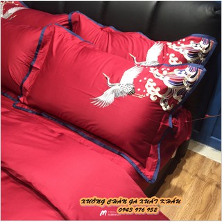 set chăn ga gối lụa ai cập hạc đỏ