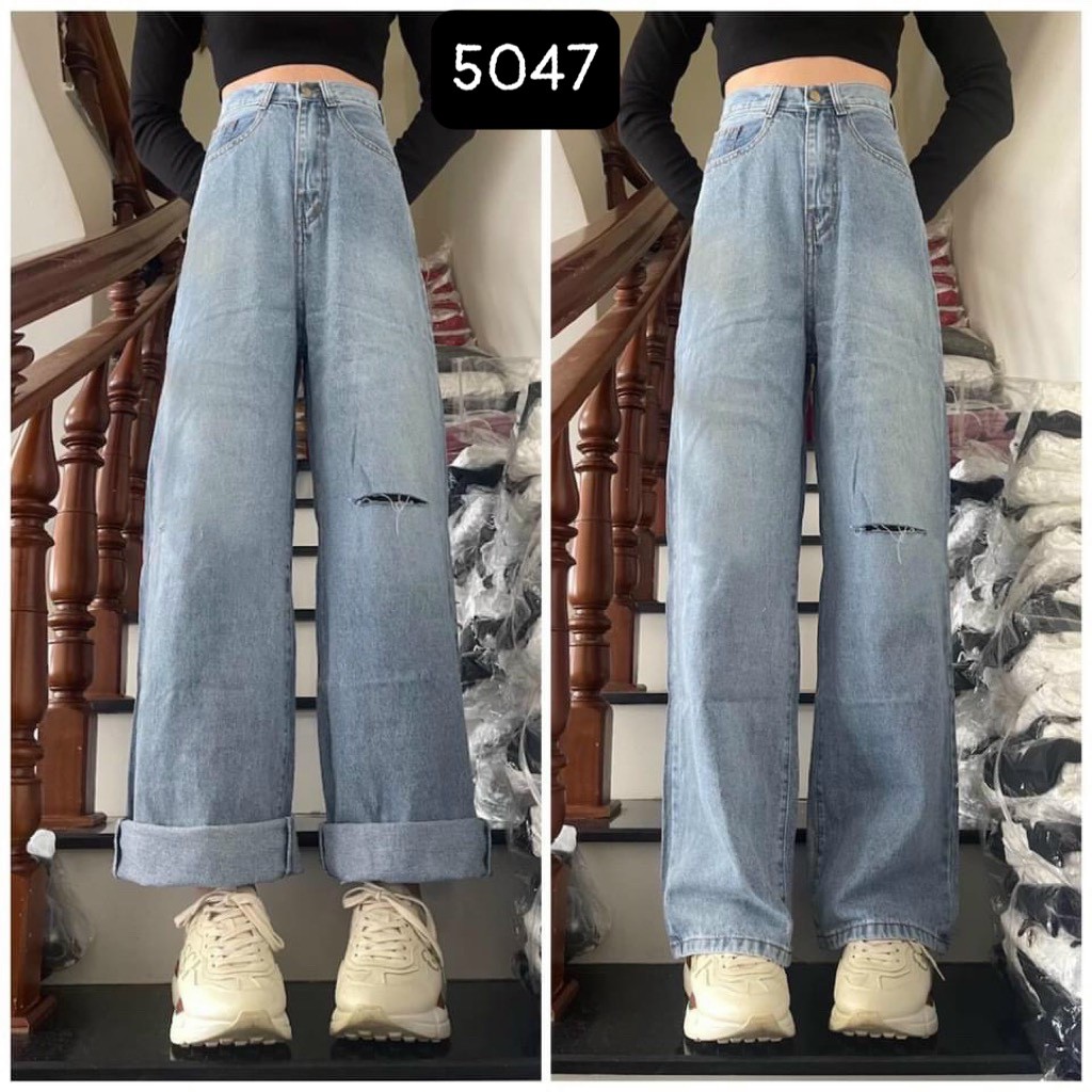 QUẦN JEAN ỐNG RỘNG NỮ LƯNG CAO RÁCH ĐÙI TRÁI LAI CUỐN FORM DÀI RỘNG MÀU XANH NHẠT LAI CUỐN SIÊU TÔN DÁNG CỰC ĐẲNG CẤP