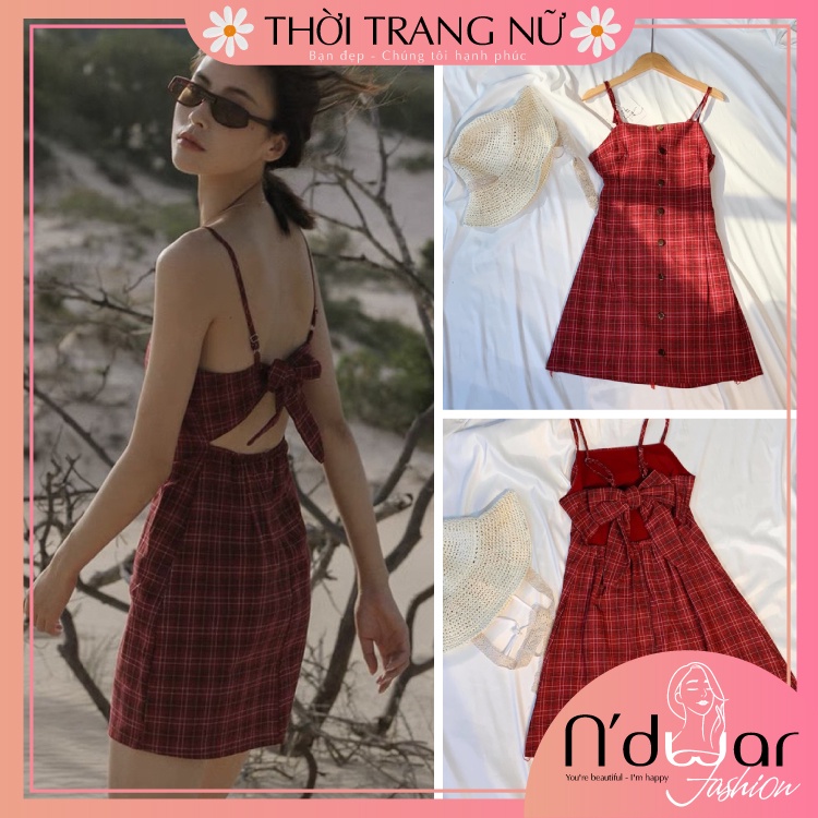 Đầm hai dây caro kẻ đỏ, Váy nữ body cột nơ sau lưng dáng lỡ trẻ trung