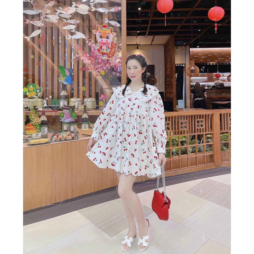 [ Miễnphis ship 2022 ] Đầm babydoll cherry dài tay cổ bèo, váy xoè đơn giản dạo phố,đi chơi, đi biển