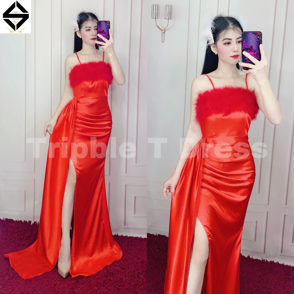 Đầm dự tiệc TRIPBLE T DRESS dáng maxi dài xẻ đùi phối lông - size S/M/L - MS400V