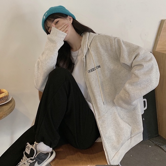 Áo hoodie dài tay dáng rộng thêu chữ phong cách Hàn Quốc