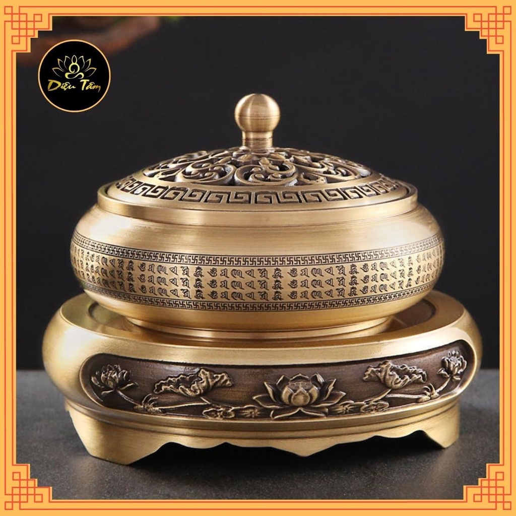 Lư đồng xông trầm đốt trầm khắc lục tự chân ngôn thay cho lư điện -  tặng hồ lô đồng và lót chống cháy