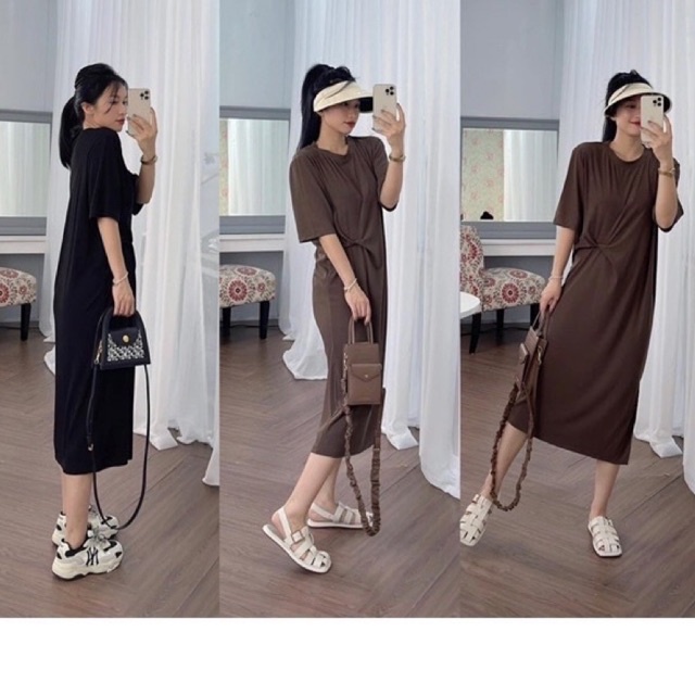 Váy đầm thun suông cộc tay xoắn eo siêu hot L1 mh yy pl