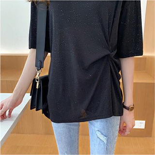 Có bigsize Áo phông nhũ cổ tròn xoắn eo dáng suông bling bling 2019