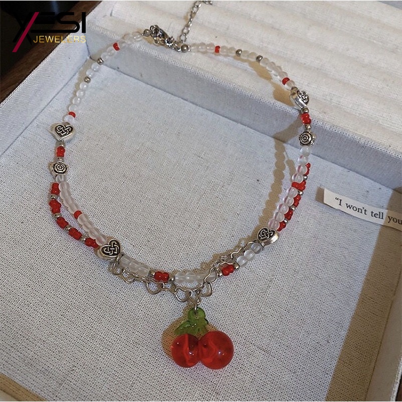 Vòng cổ Chuỗi Hạt Mặt Hình Trái Cherry Đỏ Thời Trang Cho Nữ
