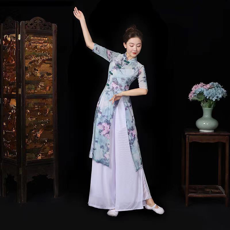 Sườn xám cải tiến phong cách Trung Quốc biểu diễn sân khấu múa cổ điển nghi thức cơ thể quần áo luyện tập