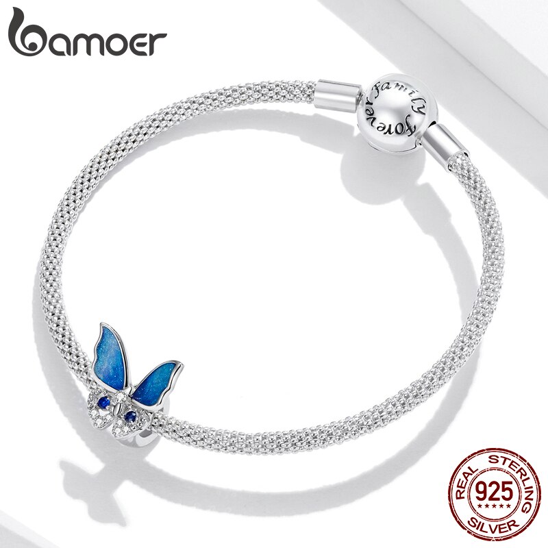 Vòng tay Bamoer BSC405 bằng bạc 925 thật đính hạt hình bướm nhiều màu DIY