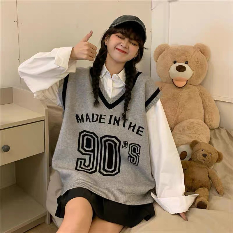 Áo len gile nữ , dáng HQ suông, chữ 90