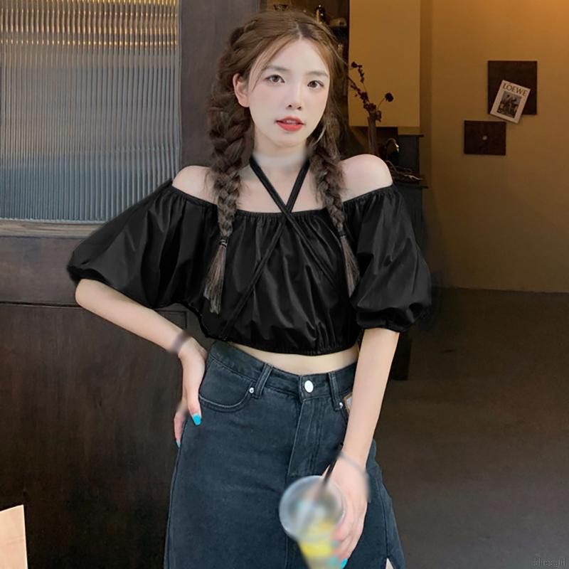 Áo crop top tay ngắn trễ vai phong cách Hàn Quốc quyến rũ cho nữ<br />
