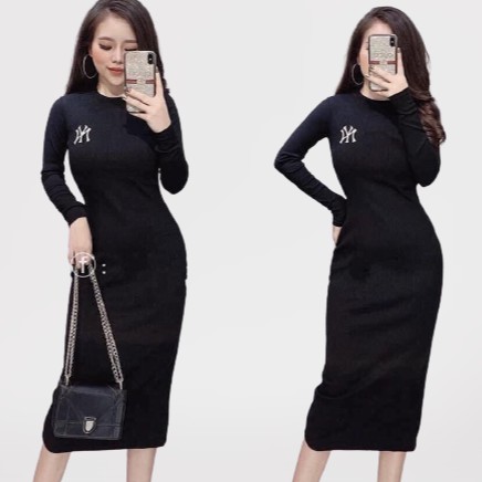 Đầm body nữ len tăm dài tay thêu chữ form ôm dáng dài Bingshop | BigBuy360 - bigbuy360.vn