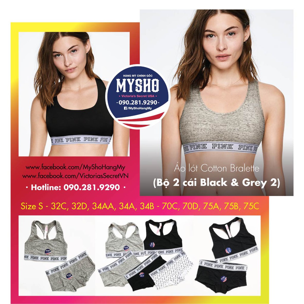 (Size S) Bộ 2 Áo lót bralette xám và đen, không mút, không bao gồm quần lót - Pink, Victoria's Secret USA